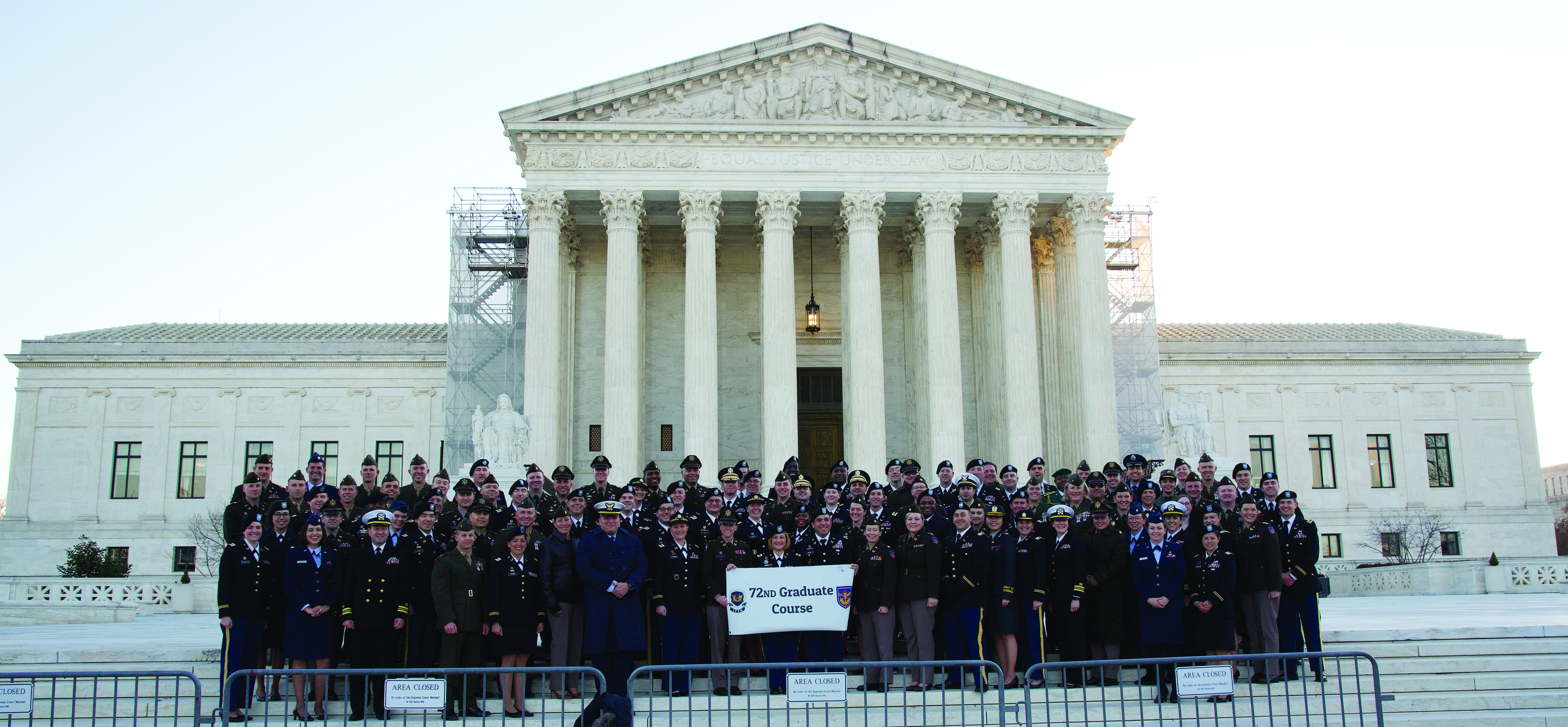 Students of the 72d Graduate Course pose before the Supreme Court building after their swearing in ceremony on 5 January 2024. (Credit: MAJ Johnathan L. Kopecky)